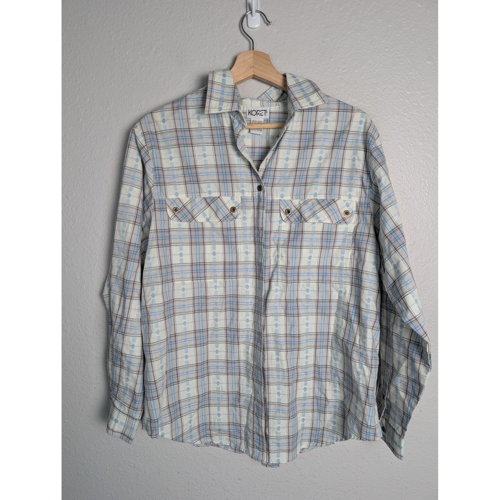 Koret Button-Up Womens 16W White Collared Long Sleeve Cotton Plaid Pockets